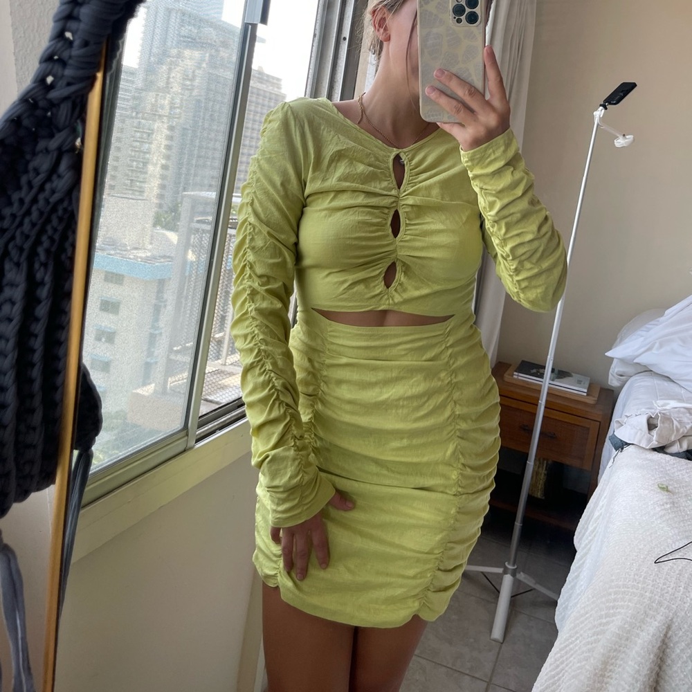 Lime Green Ruched Dress with Cutouts